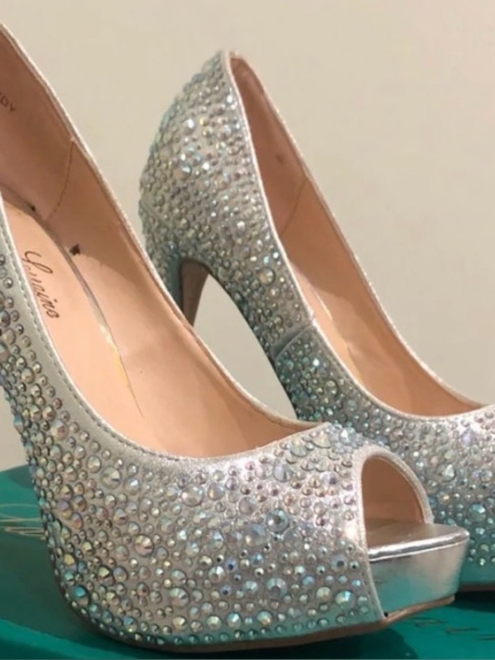 Crystal-Embellished Silver Peep-Toe Heels